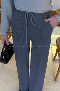 Lamelif Örgü Kumaş Geniş Paça Eşofman Gri