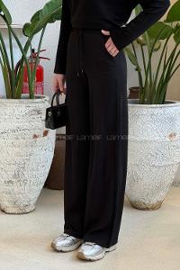 Lamelif Örgü Kumaş Geniş Paça Eşofman Siyah