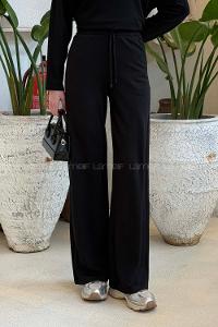 Lamelif Örgü Kumaş Geniş Paça Eşofman Siyah