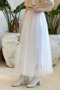 Lamelif Pileli Kemerli Tül Etek Beyaz