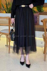 Lamelif Pileli Kemerli Tül Etek Siyah