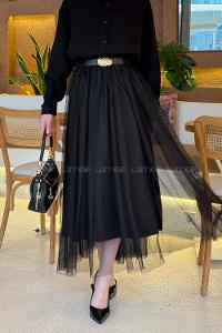 Lamelif Pileli Kemerli Tül Etek Siyah