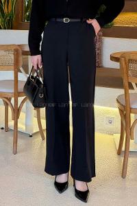 Lamelif Yüksek Bel Kemerli Kumaş Pantolon Siyah