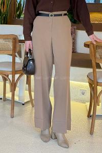 Lamelif Yüksek Bel Kemerli Kumaş Pantolon Vizonrengi