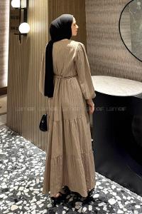 Lamelif Biritli Tesettür Elbise Bej