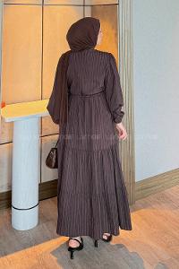 Lamelif Biritli Tesettür Elbise Koyu Kahverengi