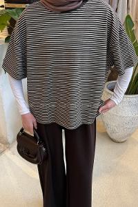 Lamelif Çizgili T-shirt Acı Kahve