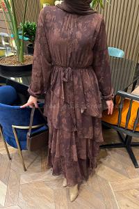 Lamelif Desenli Volanlı Tesettür Elbise Acı Kahve