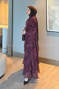 Lamelif Desenli Volanlı Tesettür Elbise Mürdüm