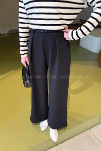 Lamelif Dökümlü Palazzo Pantolon Siyah