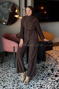 Lamelif Düğme Detaylı Bohem İkili Takım Acı Kahve