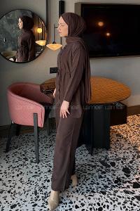 Lamelif Düğme Detaylı Bohem İkili Takım Acı Kahve