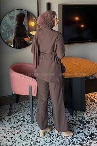 Lamelif Düğme Detaylı Bohem İkili Takım Acı Kahve