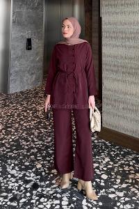 Lamelif Düğme Detaylı Bohem İkili Takım Bordo