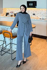 Lamelif Düğme Detaylı Bohem İkili Takım Gri