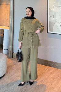 Lamelif Düğme Detaylı Bohem İkili Takım Yağ Yeşili