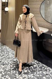 Beige Loose Crew Neck Long Arm Cotton Flare Suit