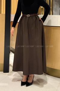 Lamelif Kemerli Kloş Etek Acı Kahve