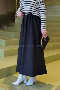 Lamelif Kemerli Kloş Etek Siyah