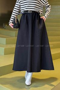 Lamelif Kemerli Kloş Etek Siyah