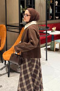 Lamelif Yaka Detaylı Çıtçıtlı Ceket Acı Kahve