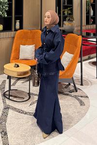 Lamelif Bağlama Detaylı Balık Model Kot Takım Koyu Mavi