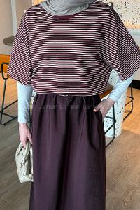 Lamelif Çizgili T-shirt Bordo