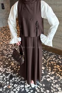 Lamelif Düğmeli Yelekli Takım Acı Kahve