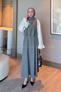 Lamelif Düğmeli Yelekli Takım Gri