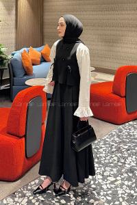 Lamelif Düğmeli Yelekli Takım Siyah