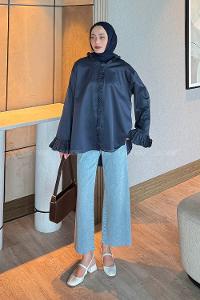 Lamelif Fırfırlı Gömlek Gece Mavisi