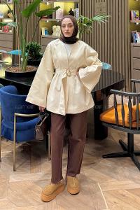 Lamelif Gold Kemerli Gabardin Ceket Bej