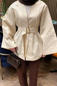 Lamelif Gold Kemerli Gabardin Ceket Bej