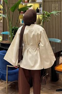 Lamelif Gold Kemerli Gabardin Ceket Bej