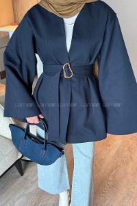 Lamelif Gold Kemerli Gabardin Ceket Lacivert