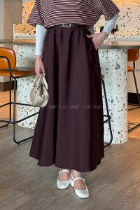 Lamelif Kemerli Kloş Etek Mürdüm