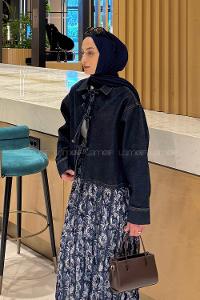 Lamelif Önü Bağlamalı Kot Ceket Koyu Mavi