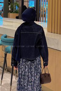 Lamelif Önü Bağlamalı Kot Ceket Koyu Mavi