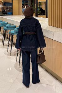 Lamelif Yaka Detaylı Kuşaklı Kot Takım Kot Mavisi