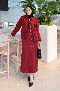 Lamelif Cep Detaylı İkili Etek  Tesettür Takım Bordo