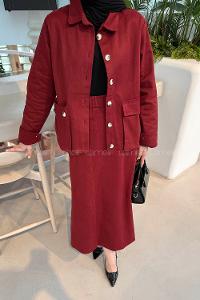 Lamelif Cep Detaylı İkili Etek  Tesettür Takım Bordo