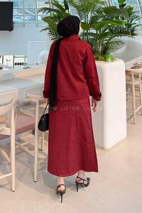 Lamelif Cep Detaylı İkili Etek  Tesettür Takım Bordo