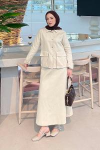 Lamelif Cep Detaylı İkili Etek  Tesettür Takım Krem