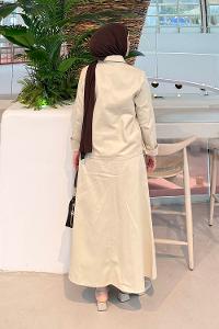 Lamelif Cep Detaylı İkili Etek  Tesettür Takım Krem