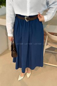 Lamelif Cep Detaylı Kloş Keten Etek Koyu Mavi