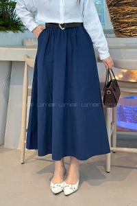 Lamelif Cep Detaylı Kloş Keten Etek Koyu Mavi