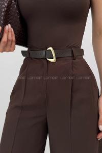 Lamelif Çift Pileli Kemerli Pantolon Acı Kahve