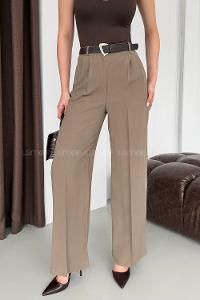 Lamelif Çift Pileli Kemerli Pantolon Haki