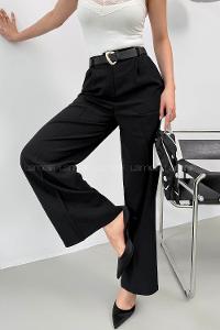 Lamelif Çift Pileli Kemerli Pantolon Siyah