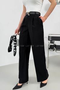 Lamelif Çift Pileli Kemerli Pantolon Siyah